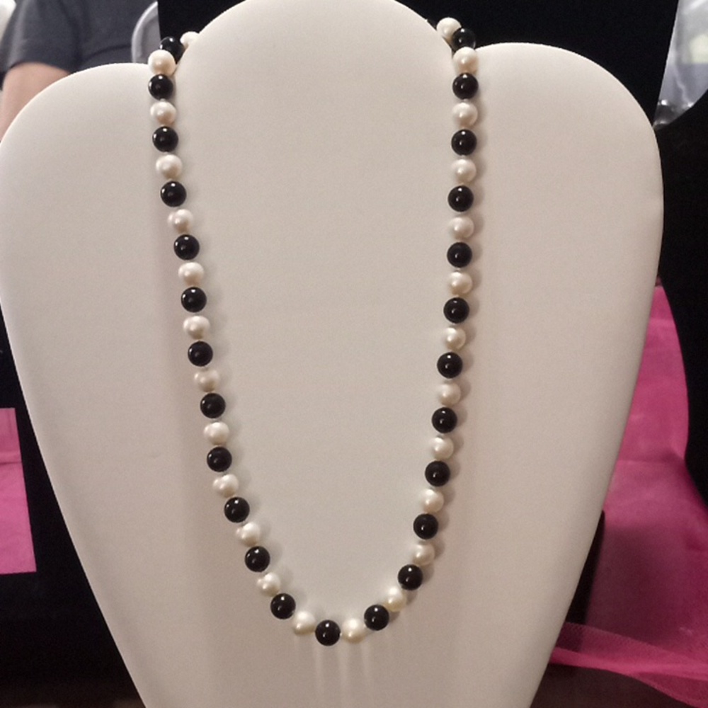 Sterling Black Onyx and Pearl Necklace